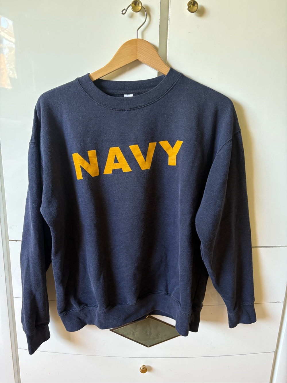 Navy Blue Crewneck Sweatshirt with Gold 'NAVY' Print